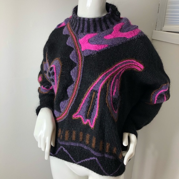 Vintage Sweaters - Vintage Knit Wool Mohair Sweater Mock Neck Paisley